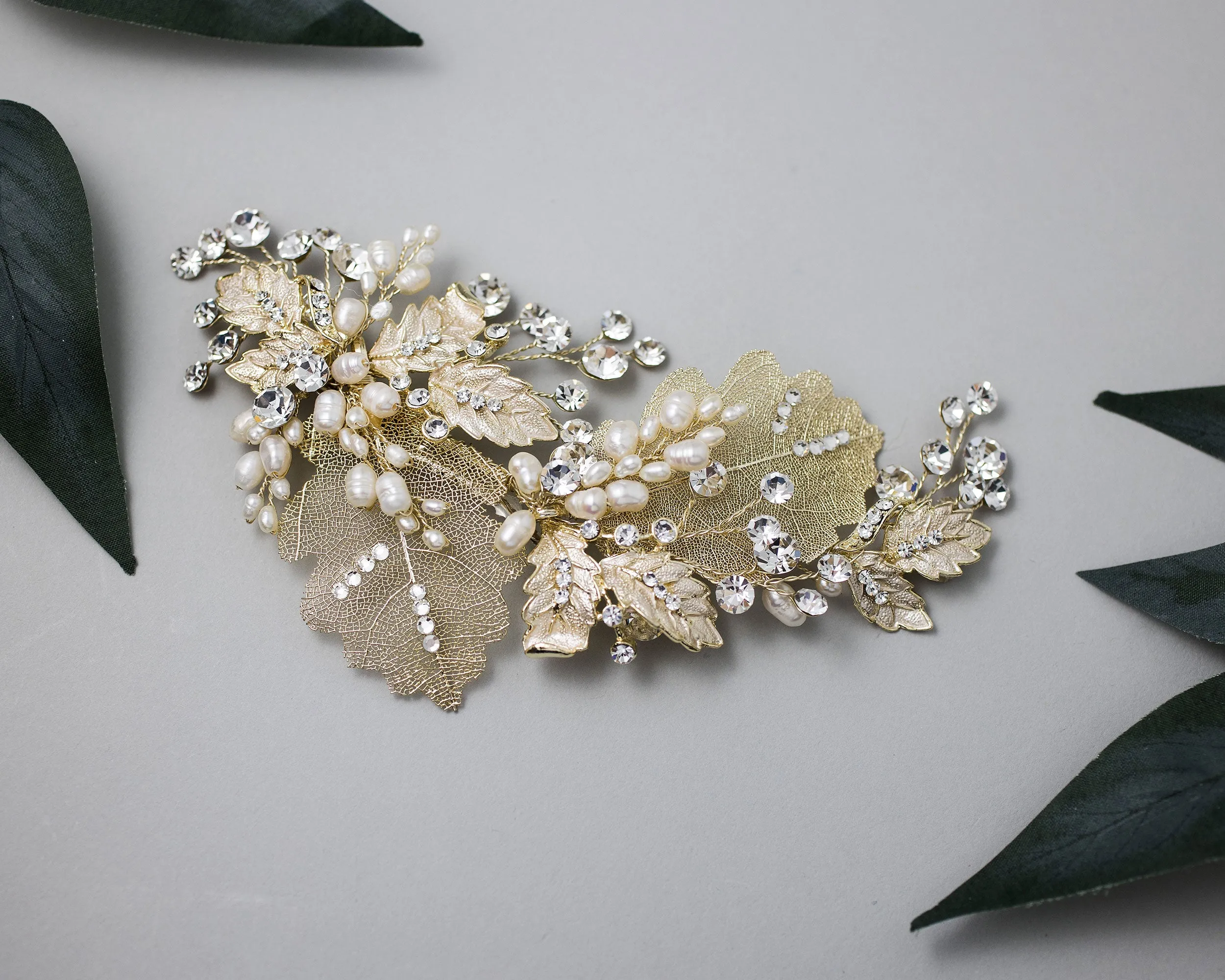 Gold Lace Leaf Wedding Clip with Cultured Pearls