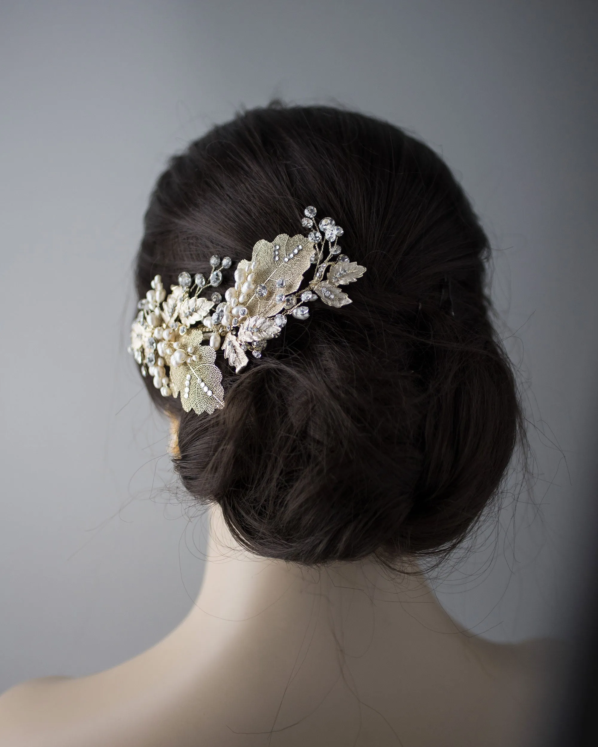 Gold Lace Leaf Wedding Clip with Cultured Pearls
