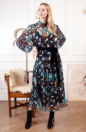 Hope & Ivy Edith Green Balloon Sleeve Lurex Midi Dress