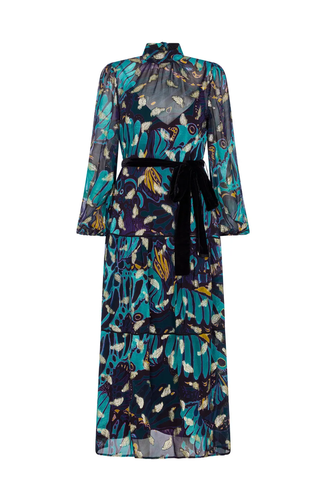 Hope & Ivy Edith Green Balloon Sleeve Lurex Midi Dress