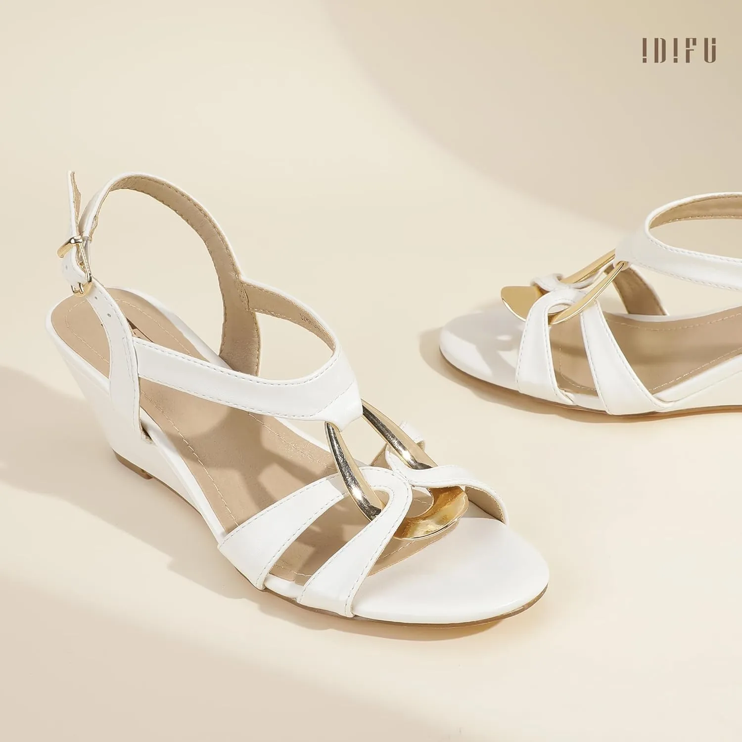 IDIFU IN2 Wedge Sandals Rhinestone Sparkly Strappy Wedge Heels with Mental Ring Comfortable Dressy Wedding Bridal Bride Party Dress Shoes for Women Low Heel Fashion Cute Bling Dress Sandals