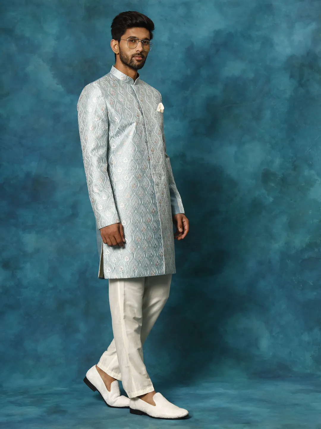 Jashvi Men's Mint Green Pastel Embroidered Sherwani Set