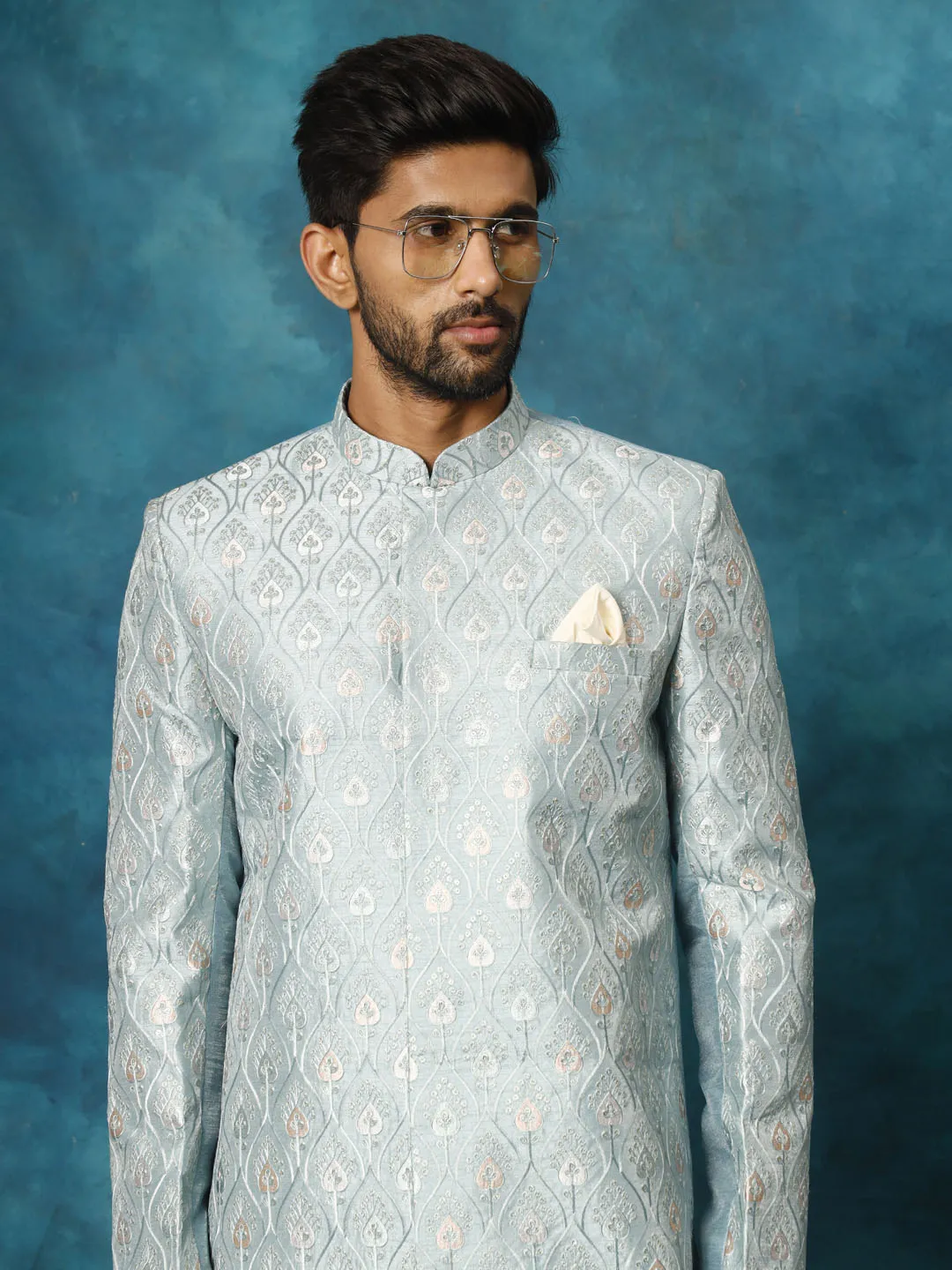 Jashvi Men's Mint Green Pastel Embroidered Sherwani Set