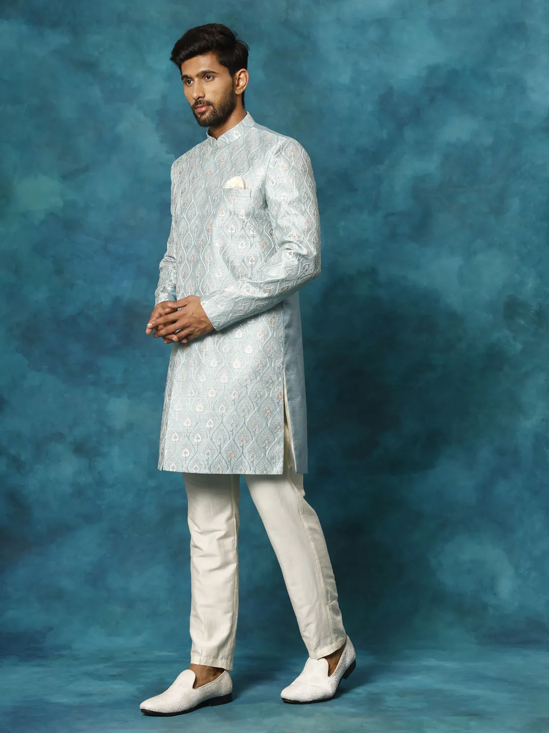 Jashvi Men's Mint Green Pastel Embroidered Sherwani Set
