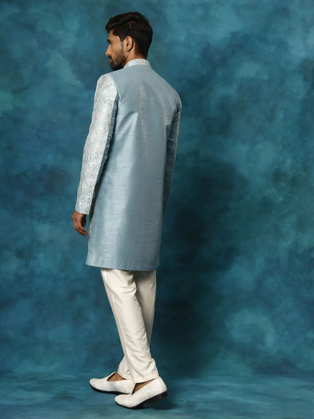 Jashvi Men's Mint Green Pastel Embroidered Sherwani Set