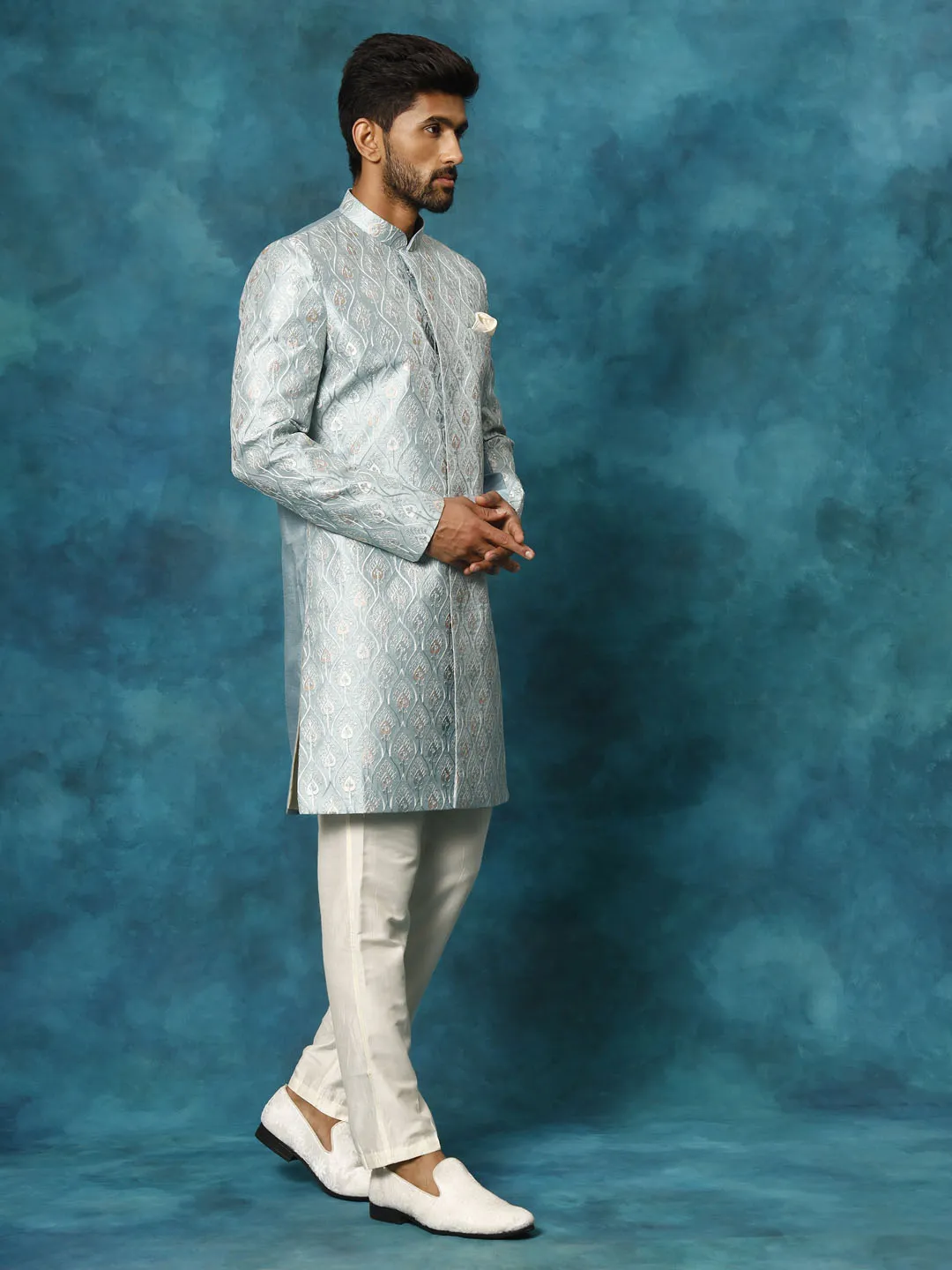 Jashvi Men's Mint Green Pastel Embroidered Sherwani Set