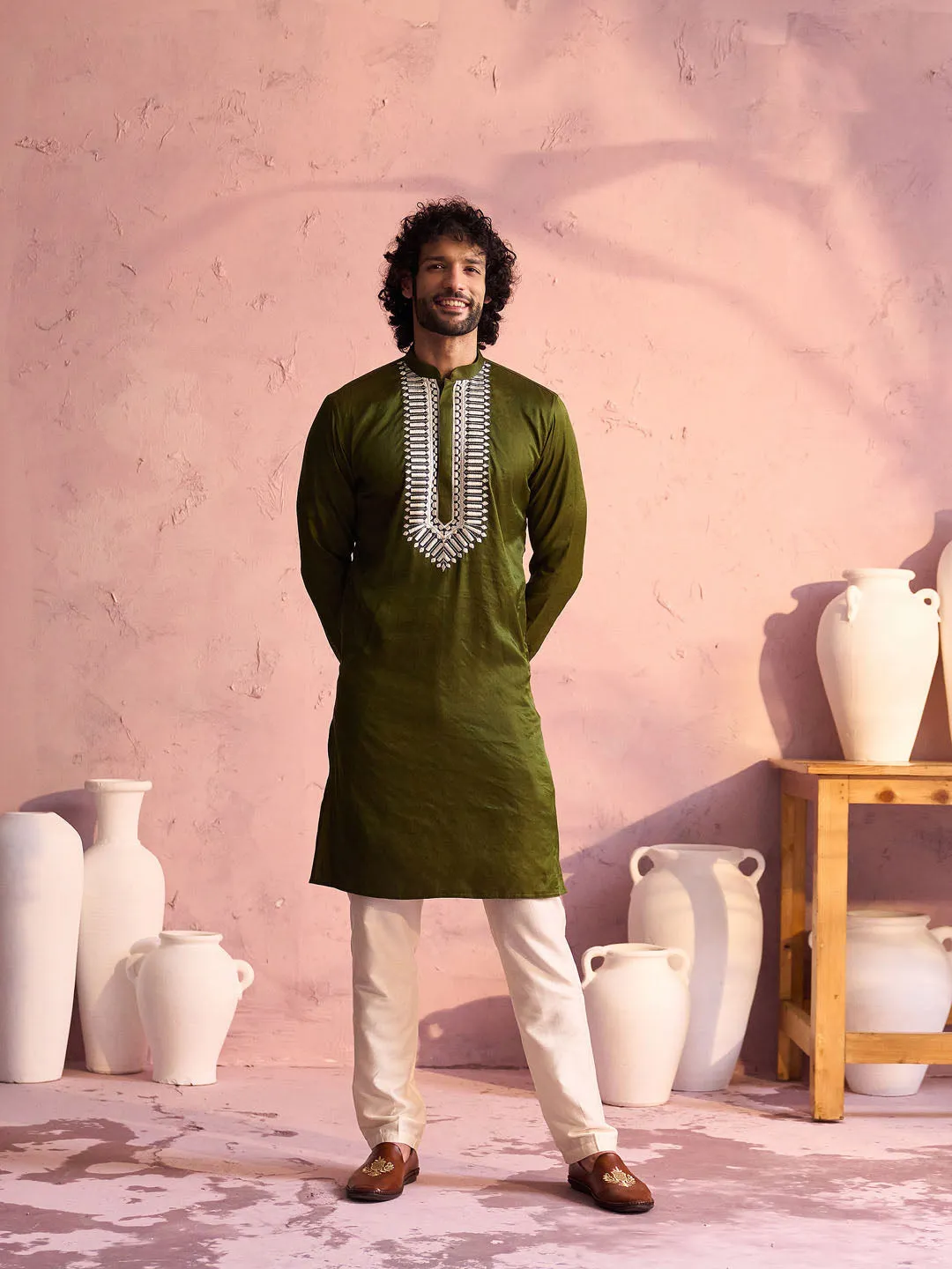 Jashvi Men's Mint Green Silk Machine Embroidered Kurta