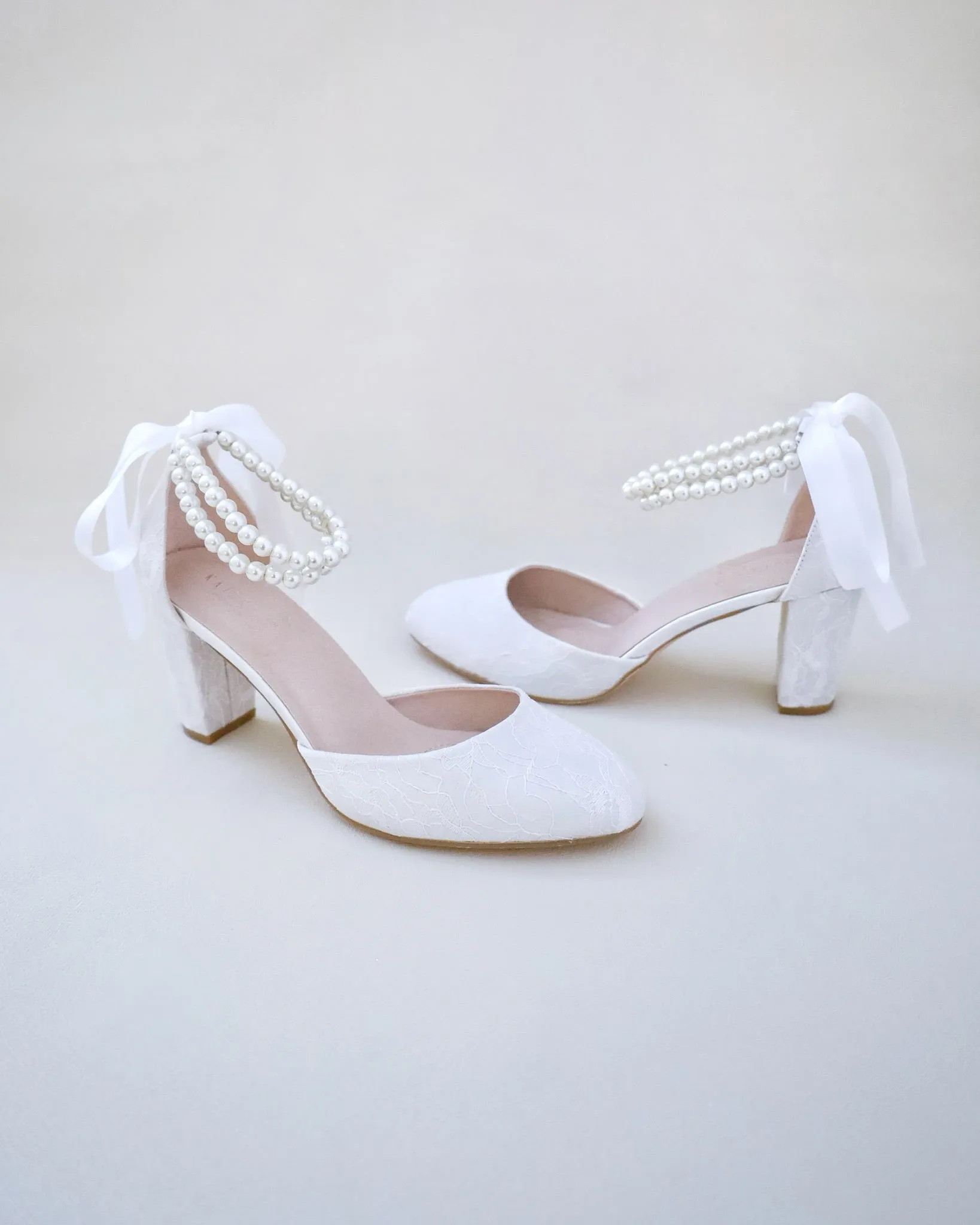 JOSKAA 2024 New Fashion High Heel Lace Block Heel with Double Pearls Ankle Strap