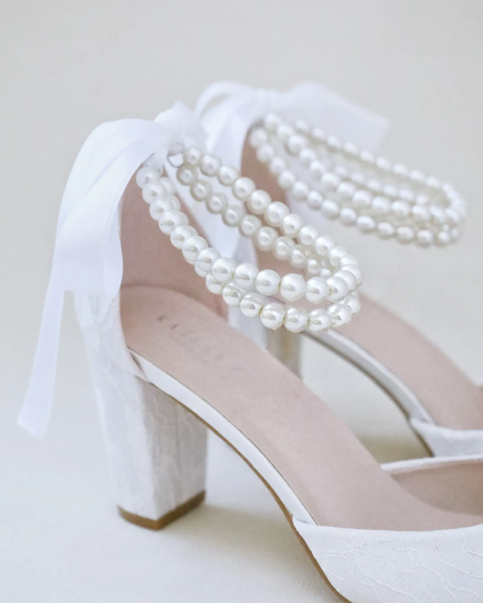JOSKAA 2024 New Fashion High Heel Lace Block Heel with Double Pearls Ankle Strap