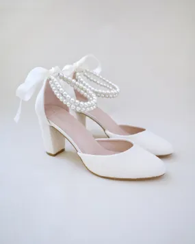 JOSKAA 2024 New Fashion High Heel Lace Block Heel with Double Pearls Ankle Strap