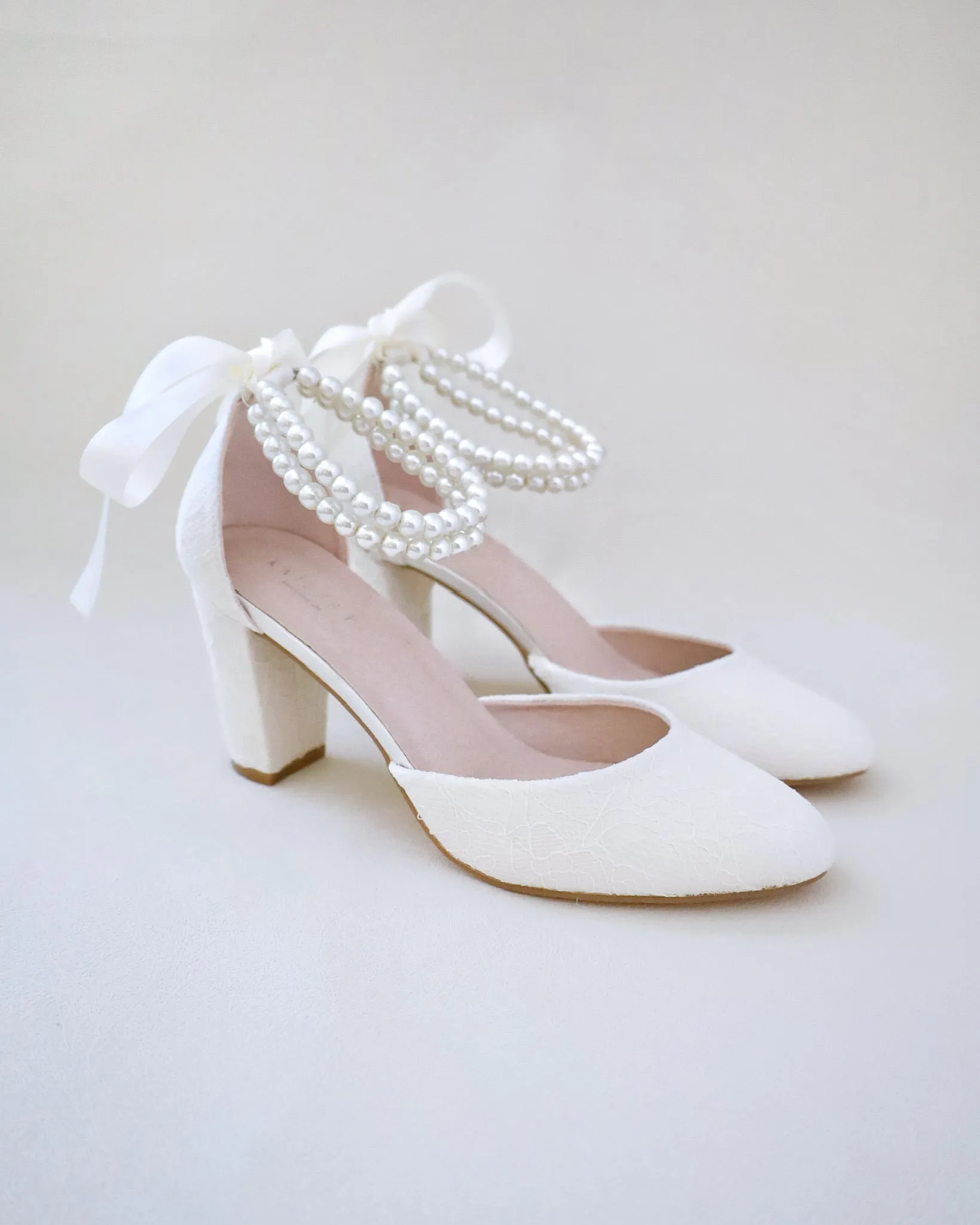 JOSKAA 2024 New Fashion High Heel Lace Block Heel with Double Pearls Ankle Strap