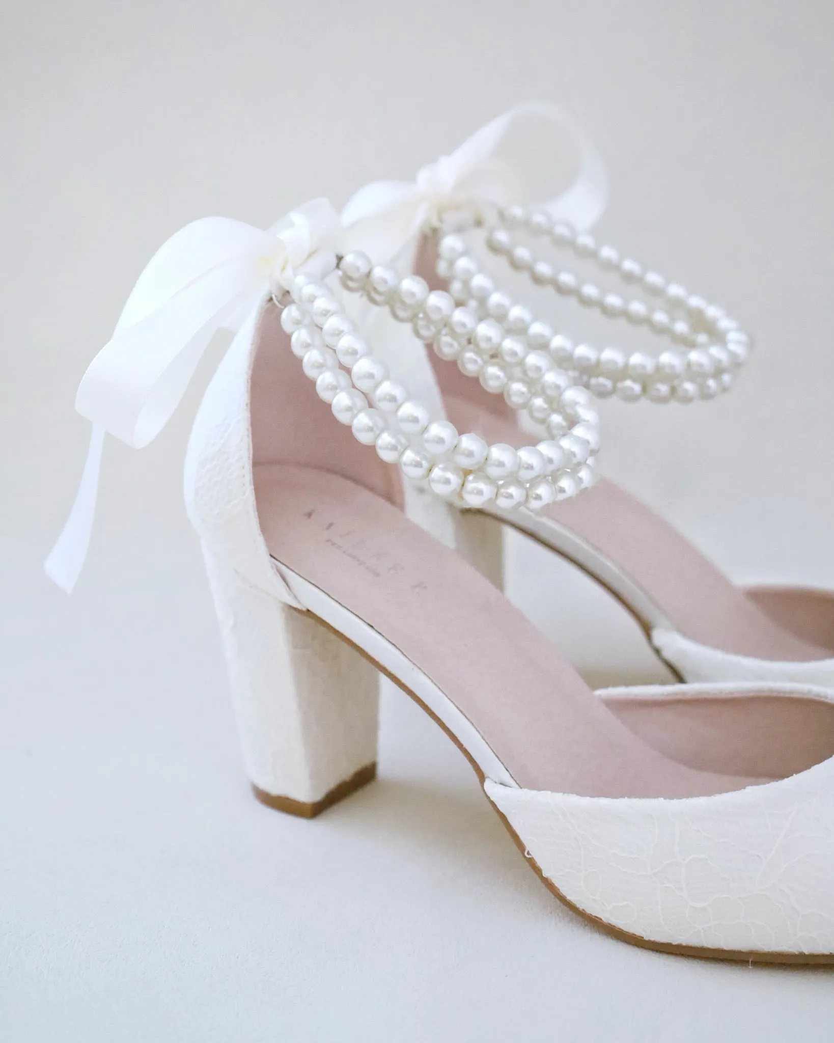 JOSKAA 2024 New Fashion High Heel Lace Block Heel with Double Pearls Ankle Strap