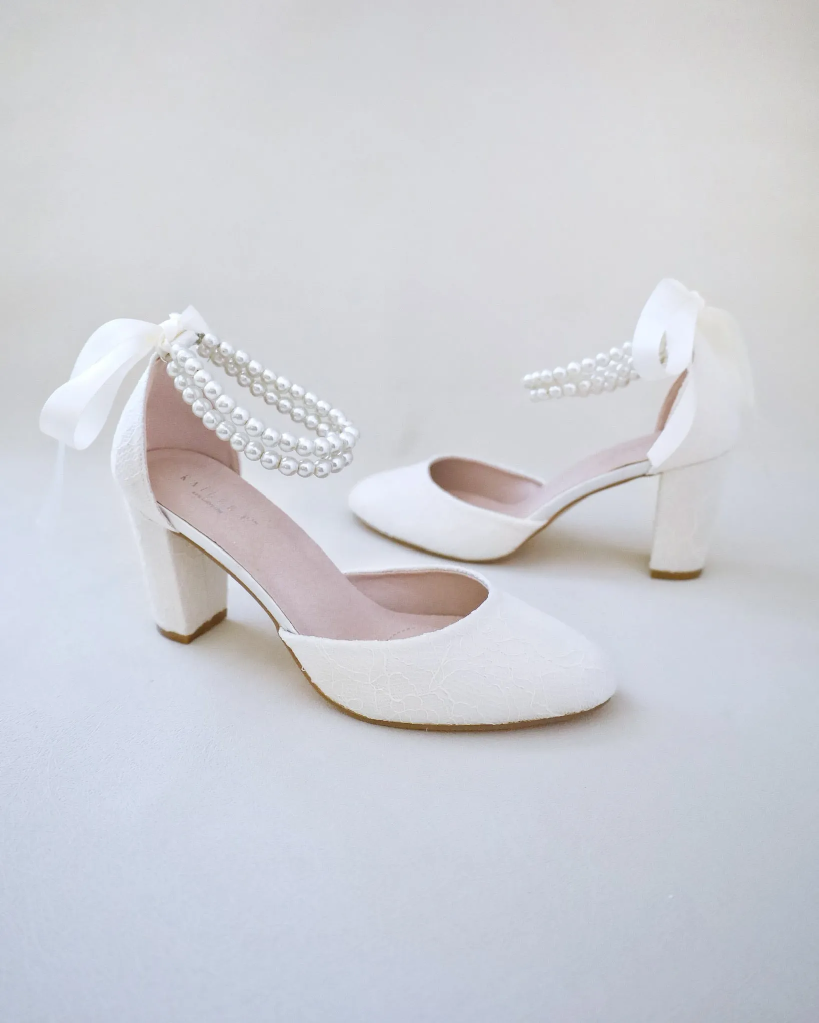 JOSKAA 2024 New Fashion High Heel Lace Block Heel with Double Pearls Ankle Strap