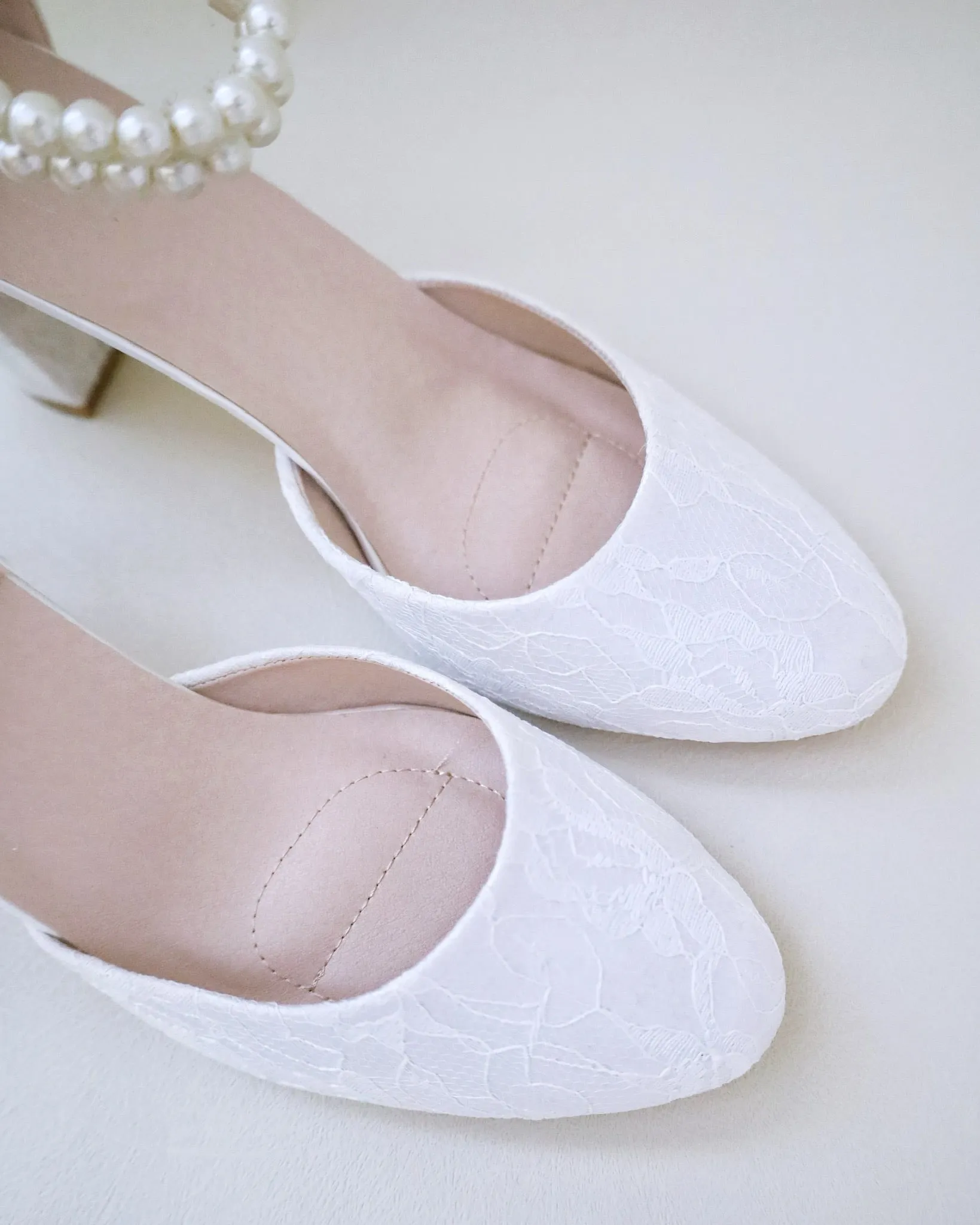 JOSKAA 2024 New Fashion High Heel Lace Block Heel with Double Pearls Ankle Strap