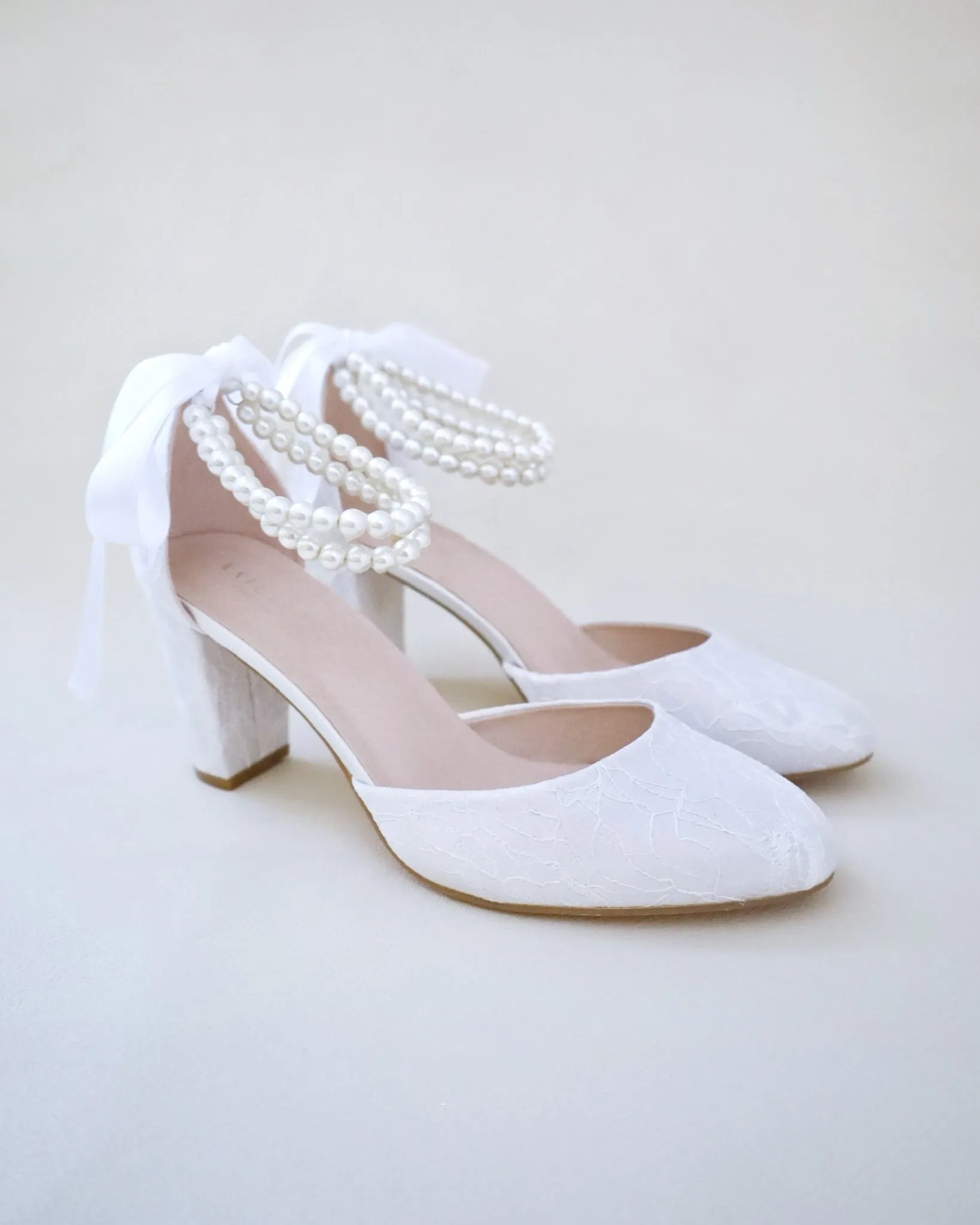 JOSKAA 2024 New Fashion High Heel Lace Block Heel with Double Pearls Ankle Strap