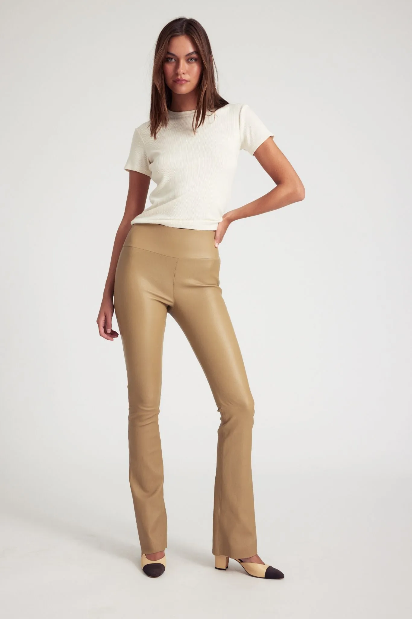 Khaki Leather Micro Flare Pants