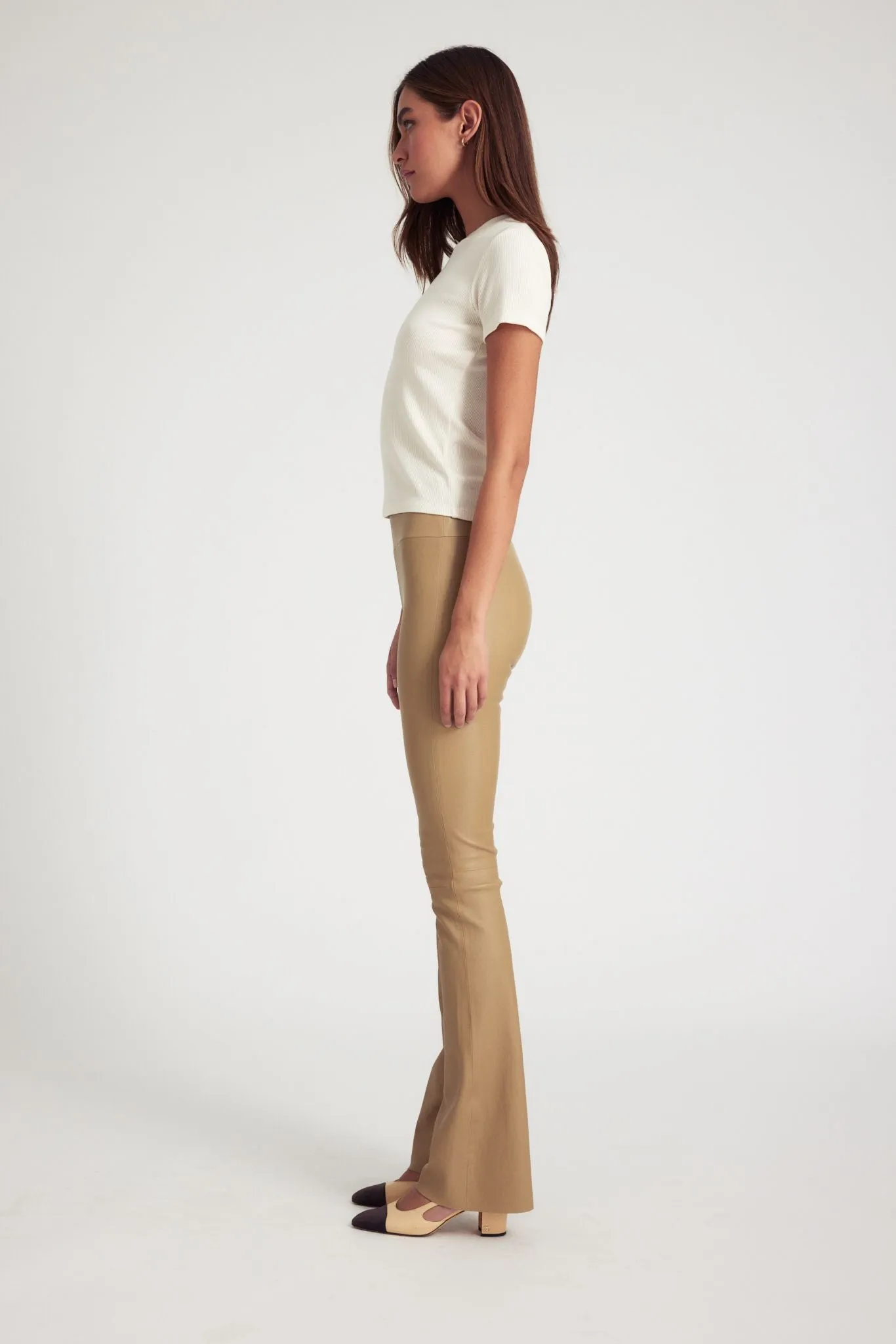 Khaki Leather Micro Flare Pants