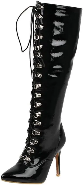 KOKOMOMO Womens Lace Up Patent Knee High Stiletto High Heel Pointy Toe Boots