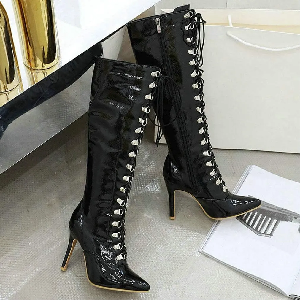 KOKOMOMO Womens Lace Up Patent Knee High Stiletto High Heel Pointy Toe Boots