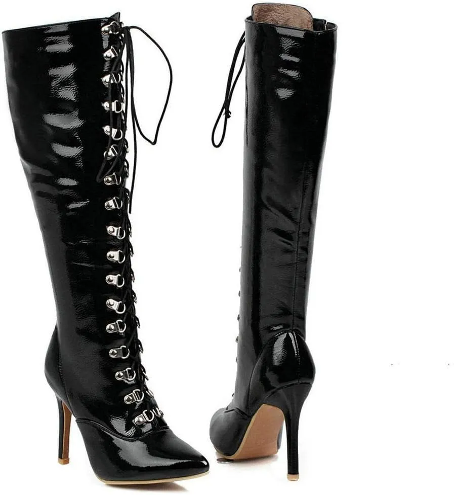 KOKOMOMO Womens Lace Up Patent Knee High Stiletto High Heel Pointy Toe Boots