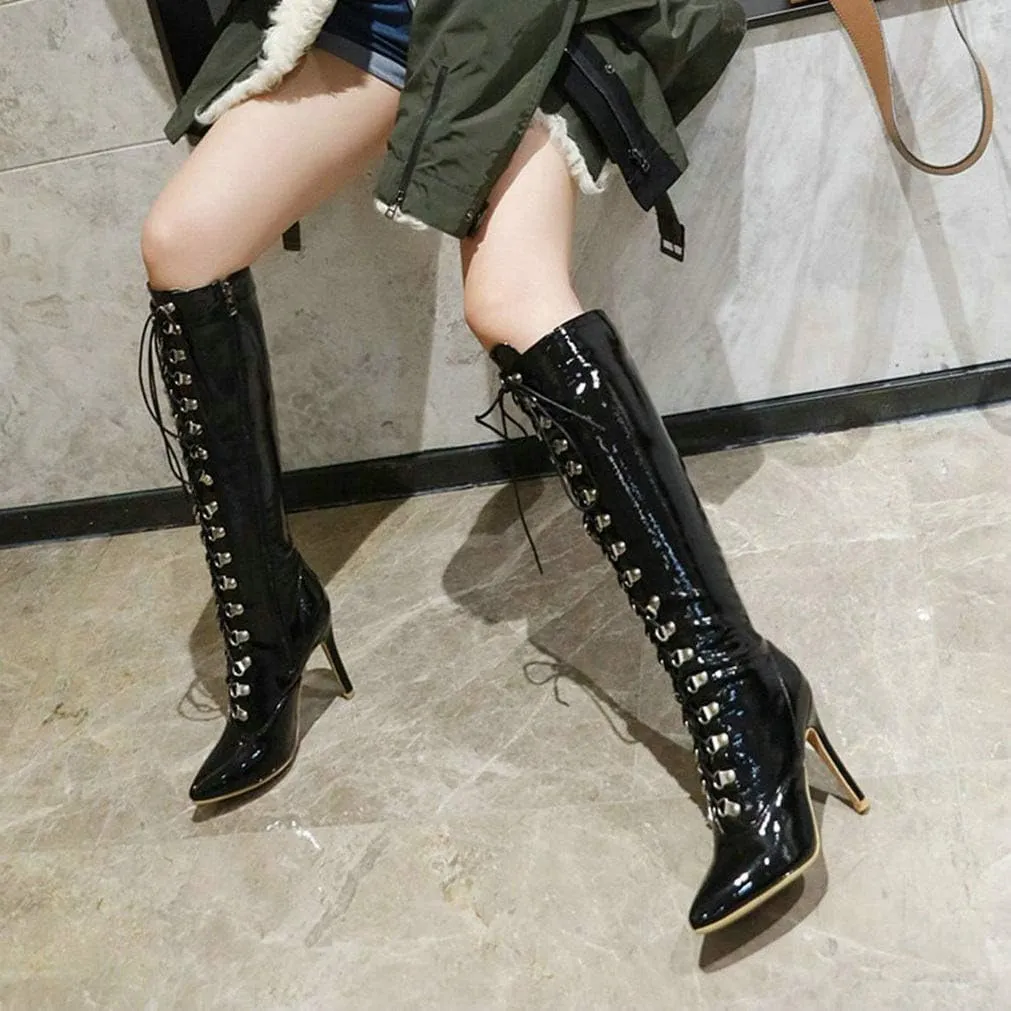 KOKOMOMO Womens Lace Up Patent Knee High Stiletto High Heel Pointy Toe Boots