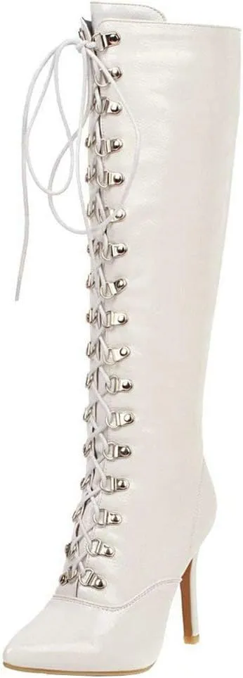 KOKOMOMO Womens Lace Up Patent Knee High Stiletto High Heel Pointy Toe Boots