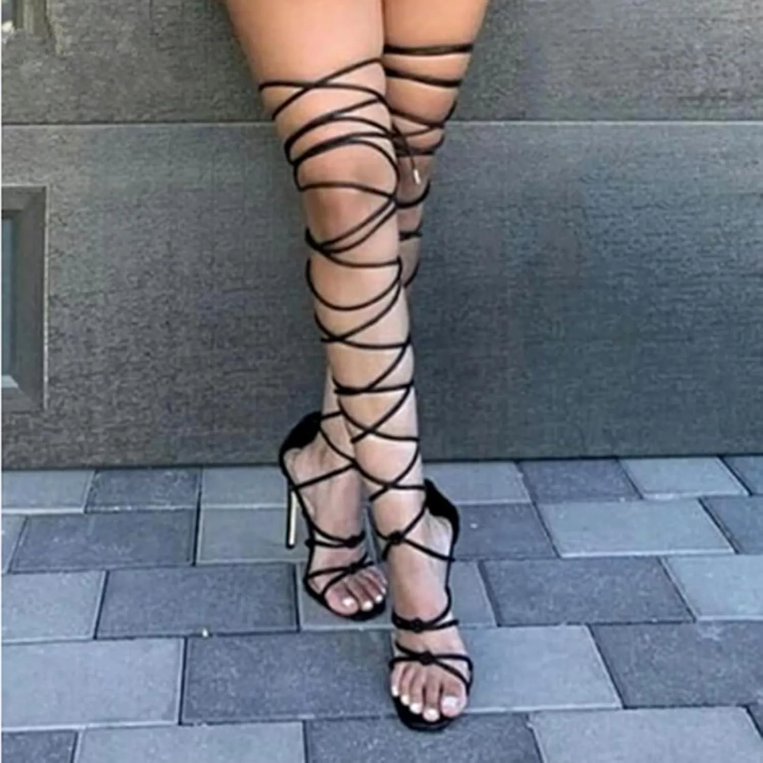 Ladies Lace Sandals Shoes Strap Up Toe Sexy High Squared Heels Women's Cute Leopard Print Sandals for Women