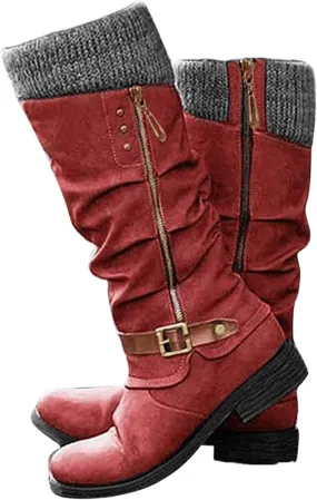 Ladmiple Boots For Women Knee High Wide Calf Biker Boots Side Zipper Mid Calf Low Heel Motorcycle Fashion Combat Riding Boots