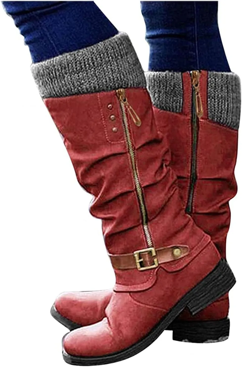 Ladmiple Boots For Women Knee High Wide Calf Biker Boots Side Zipper Mid Calf Low Heel Motorcycle Fashion Combat Riding Boots