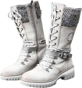 Ladmiple Combat Boots Womens Mid Calf Side Zipper Low Heel Motorcycle Riding Military Biker Winter Western Ankle Booties