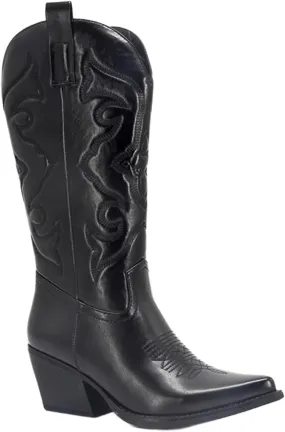 Ladmiple Cowgirl Boots Women Low Heel Embroidered Western Knee High Boots Pointed Toe Pull On Cowboy Boots for Ladies