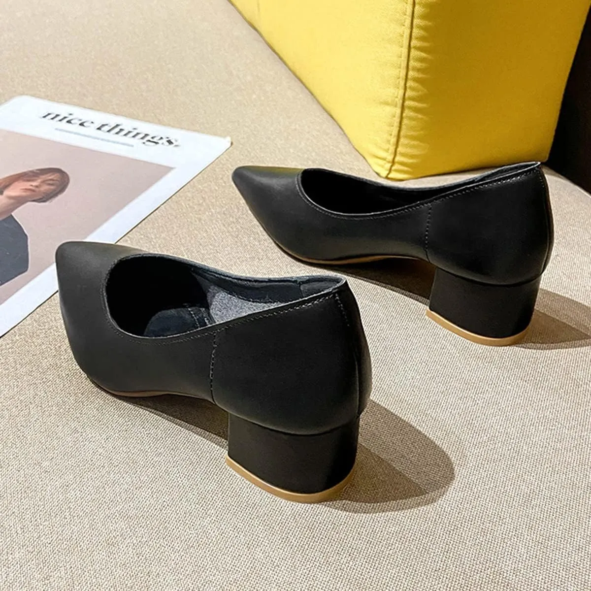 LUXINYU,Women Pointed Toe Heels Solid Elegant Bow Ladies Pumps Shallow Chunky Heeled Dress Shoes Comfort Work Shoes