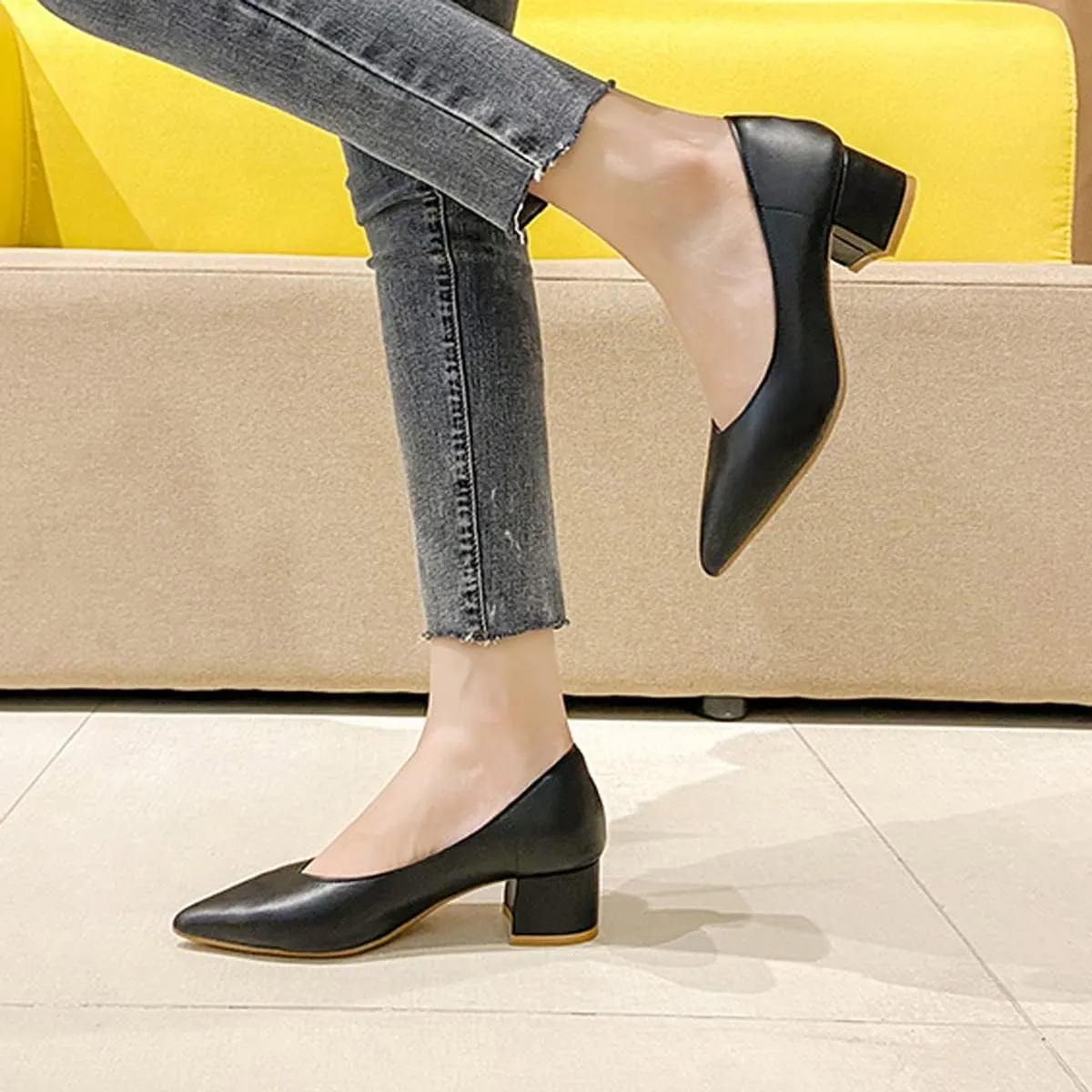 LUXINYU,Women Pointed Toe Heels Solid Elegant Bow Ladies Pumps Shallow Chunky Heeled Dress Shoes Comfort Work Shoes