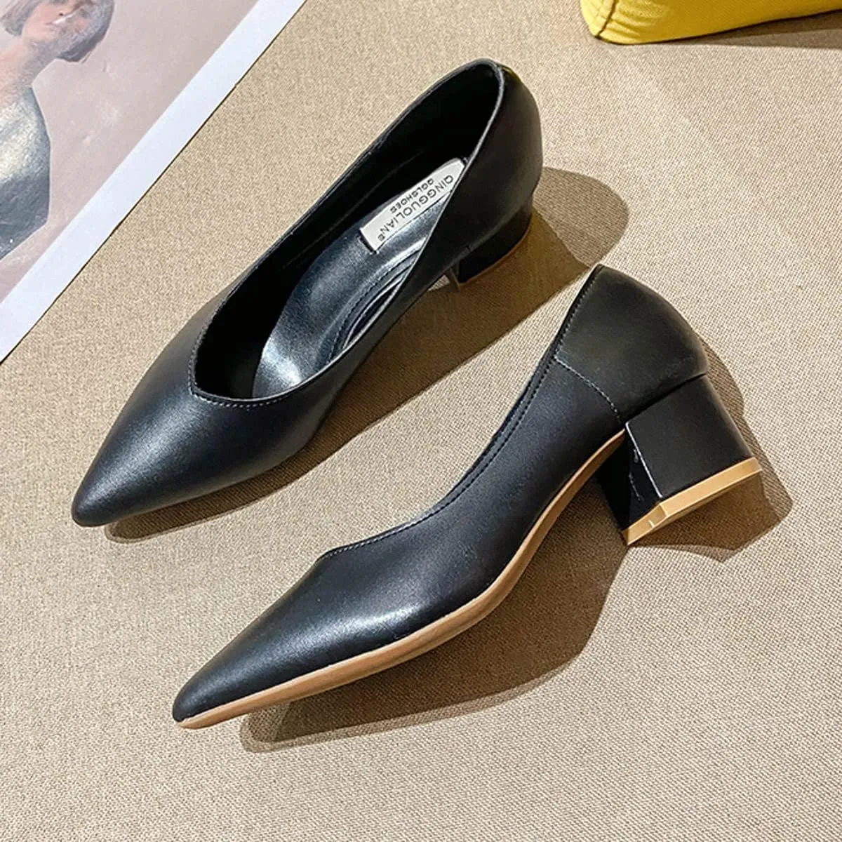 LUXINYU,Women Pointed Toe Heels Solid Elegant Bow Ladies Pumps Shallow Chunky Heeled Dress Shoes Comfort Work Shoes