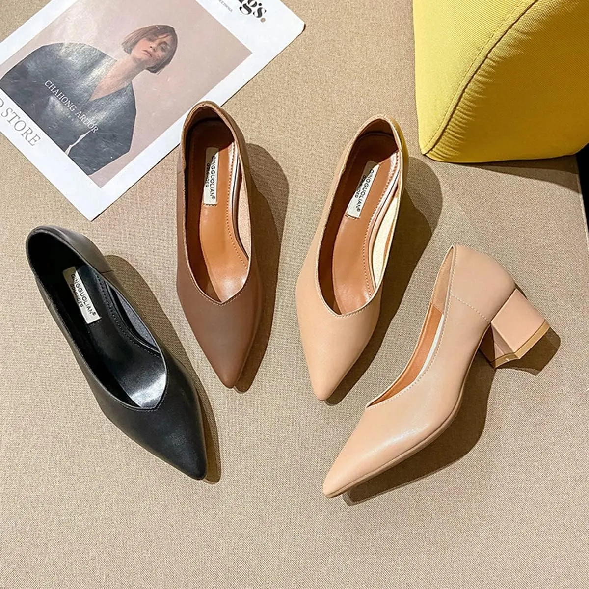 LUXINYU,Women Pointed Toe Heels Solid Elegant Bow Ladies Pumps Shallow Chunky Heeled Dress Shoes Comfort Work Shoes
