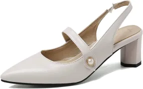 MAVMAX Women's Pointed Toe Mary Jane Slingback Block Mid Heel Pumps