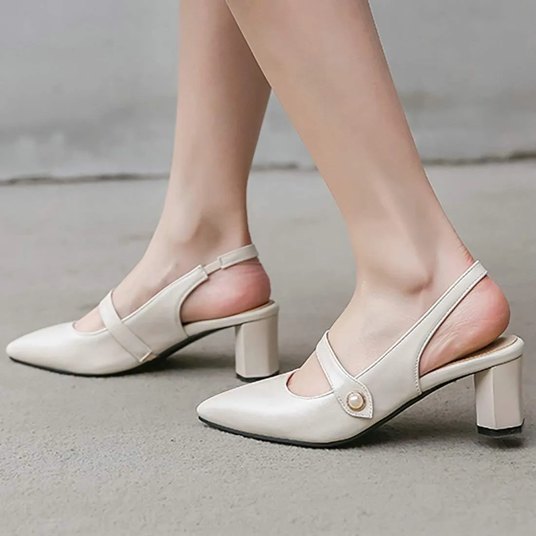 MAVMAX Women's Pointed Toe Mary Jane Slingback Block Mid Heel Pumps