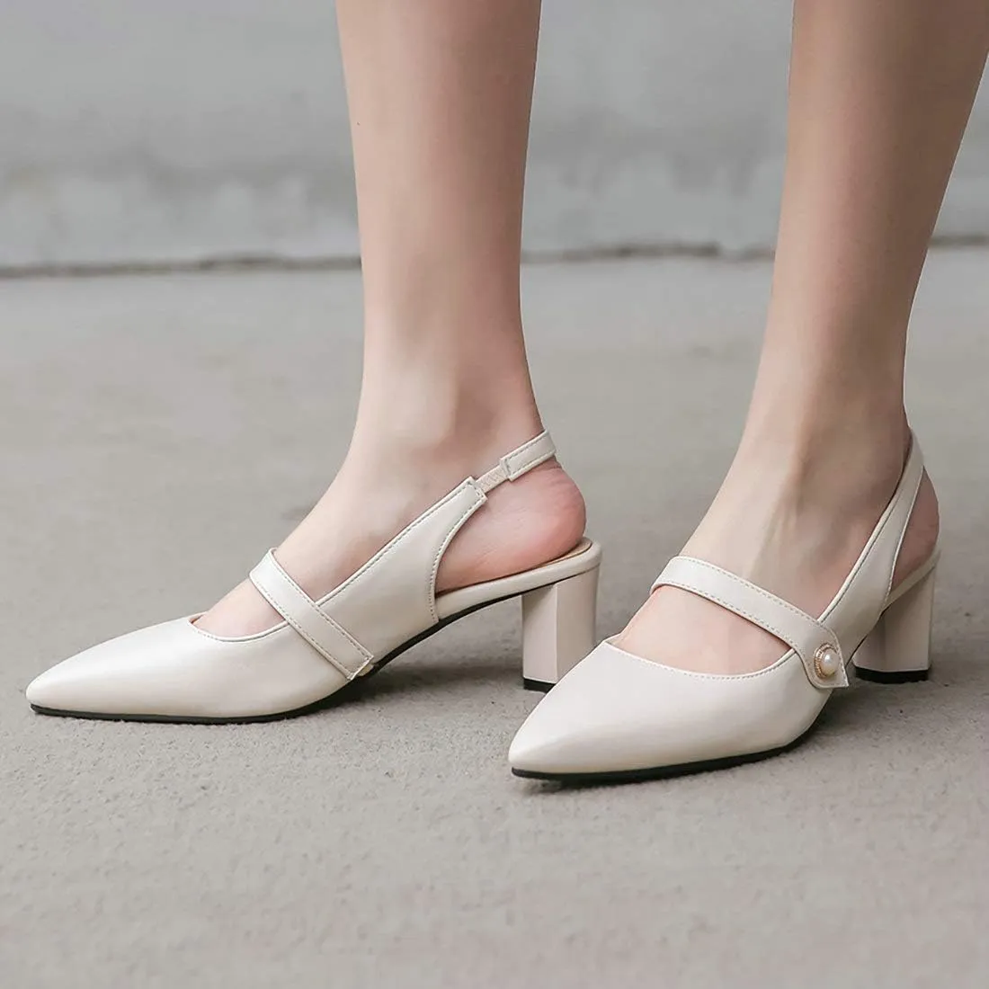 MAVMAX Women's Pointed Toe Mary Jane Slingback Block Mid Heel Pumps
