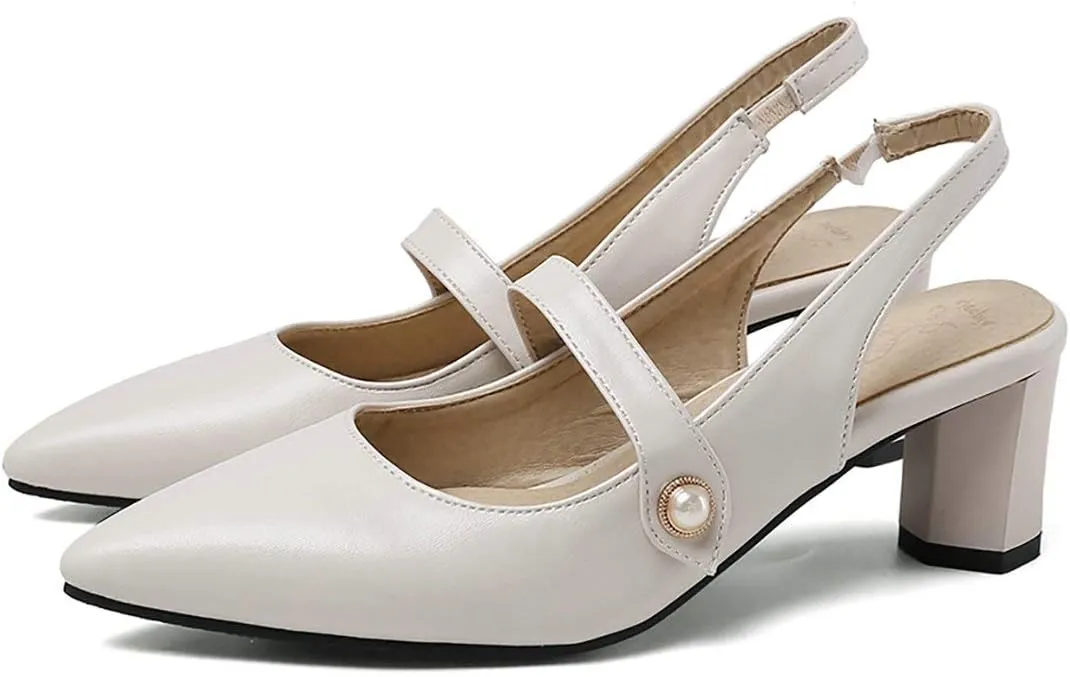 MAVMAX Women's Pointed Toe Mary Jane Slingback Block Mid Heel Pumps