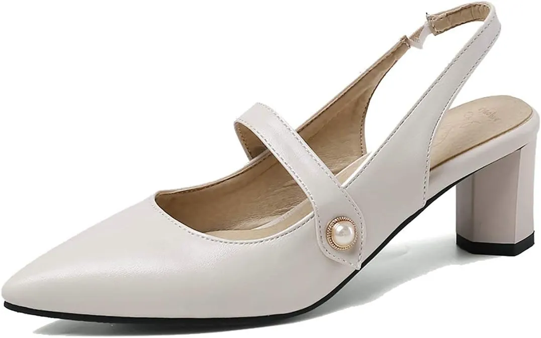 MAVMAX Women's Pointed Toe Mary Jane Slingback Block Mid Heel Pumps