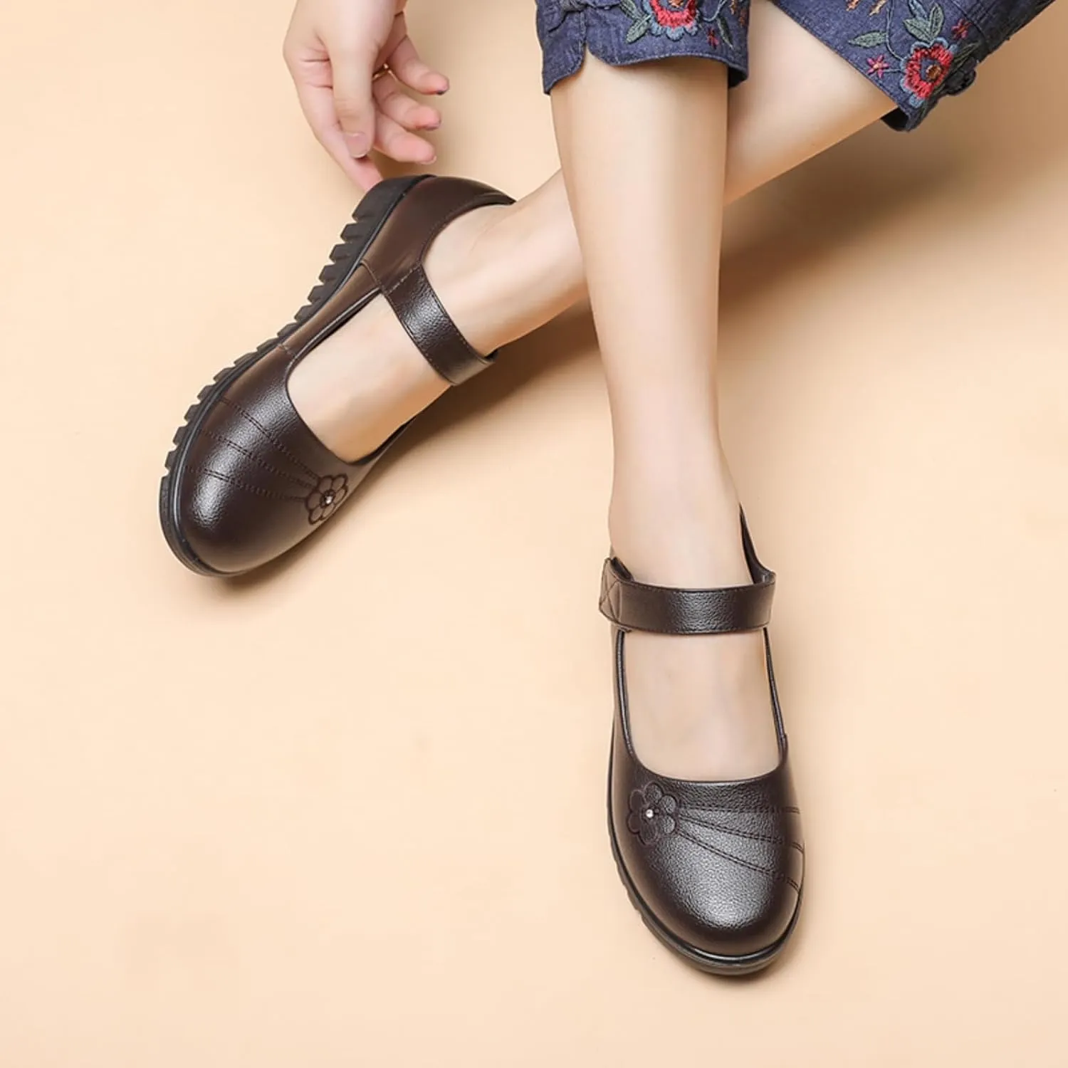 MEMON Women's Mary Jane Flats,Comfort Casual Slip On Loafers,Black Round Toe Low Heel Walking Shoes