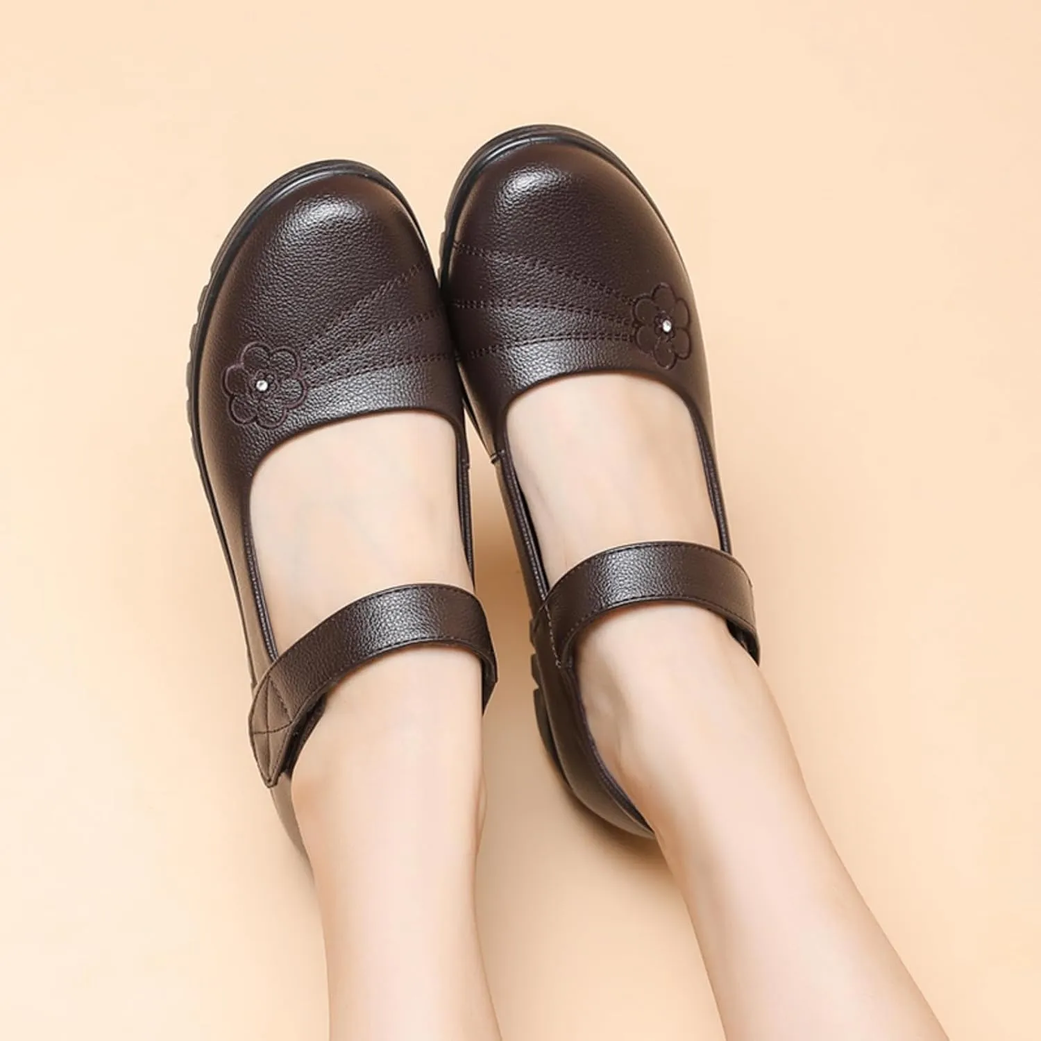 MEMON Women's Mary Jane Flats,Comfort Casual Slip On Loafers,Black Round Toe Low Heel Walking Shoes