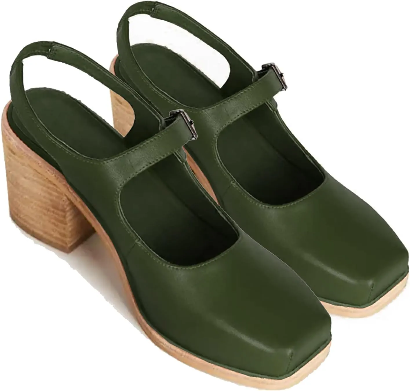 MOOMMO Women Block High Heel Slingback Mary Jane Pumps Platform Square Toe Ankle Buckle Strap Closed Toe Sandals 3 Inch Stacked Chunky Heel Dress Pumps Matte Vintage Comfy Office Daily 4-11 M US