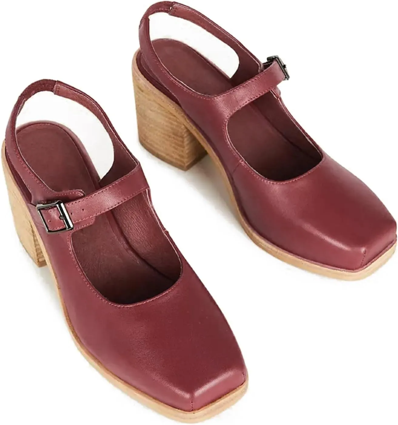 MOOMMO Women Block High Heel Slingback Mary Jane Pumps Platform Square Toe Ankle Buckle Strap Closed Toe Sandals 3 Inch Stacked Chunky Heel Dress Pumps Matte Vintage Comfy Office Daily 4-11 M US