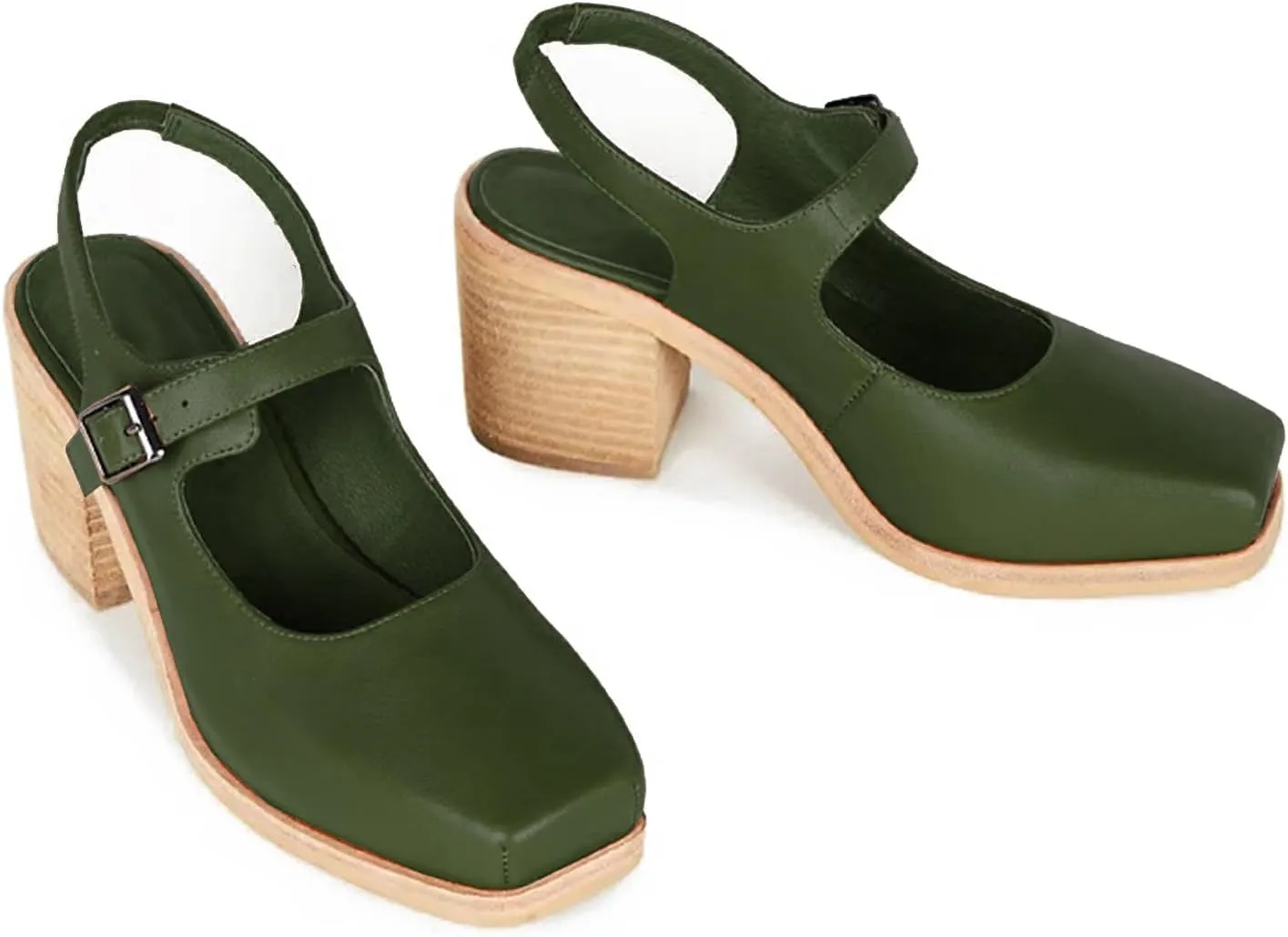 MOOMMO Women Block High Heel Slingback Mary Jane Pumps Platform Square Toe Ankle Buckle Strap Closed Toe Sandals 3 Inch Stacked Chunky Heel Dress Pumps Matte Vintage Comfy Office Daily 4-11 M US