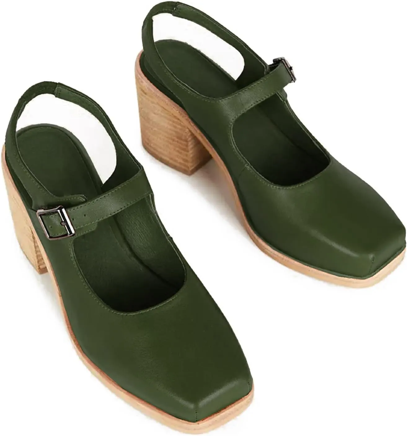 MOOMMO Women Block High Heel Slingback Mary Jane Pumps Platform Square Toe Ankle Buckle Strap Closed Toe Sandals 3 Inch Stacked Chunky Heel Dress Pumps Matte Vintage Comfy Office Daily 4-11 M US