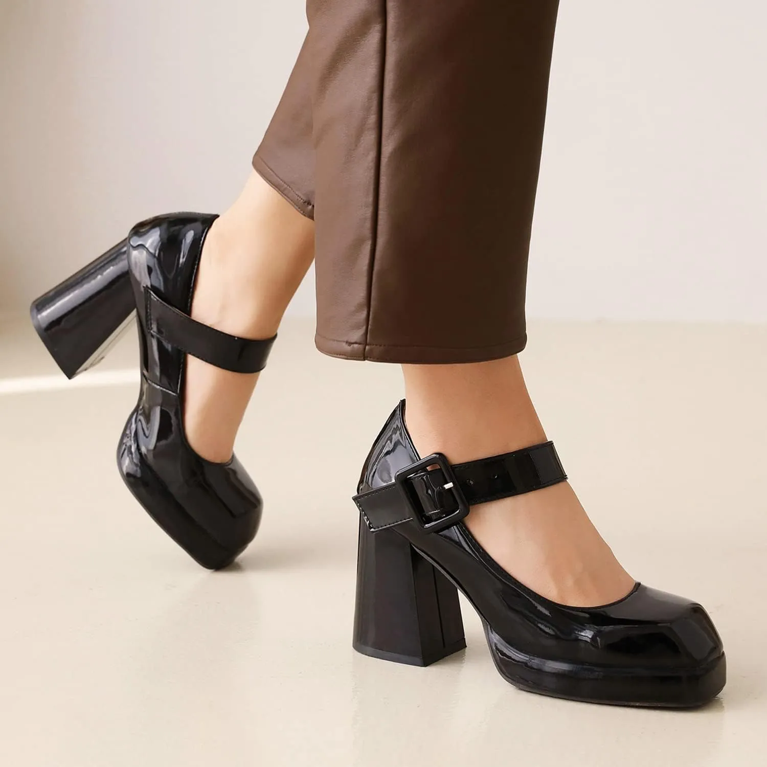 MOOMMO Women Classic Platform Mary Jane Heels Square Toe Chunky High Heel Mary Jane Shoes Ankle Strap Dress Lolita Pumps 4 Inch Block Heel Buckle Strap Sandals Party Casual Wedding Shoes 4-15 M US