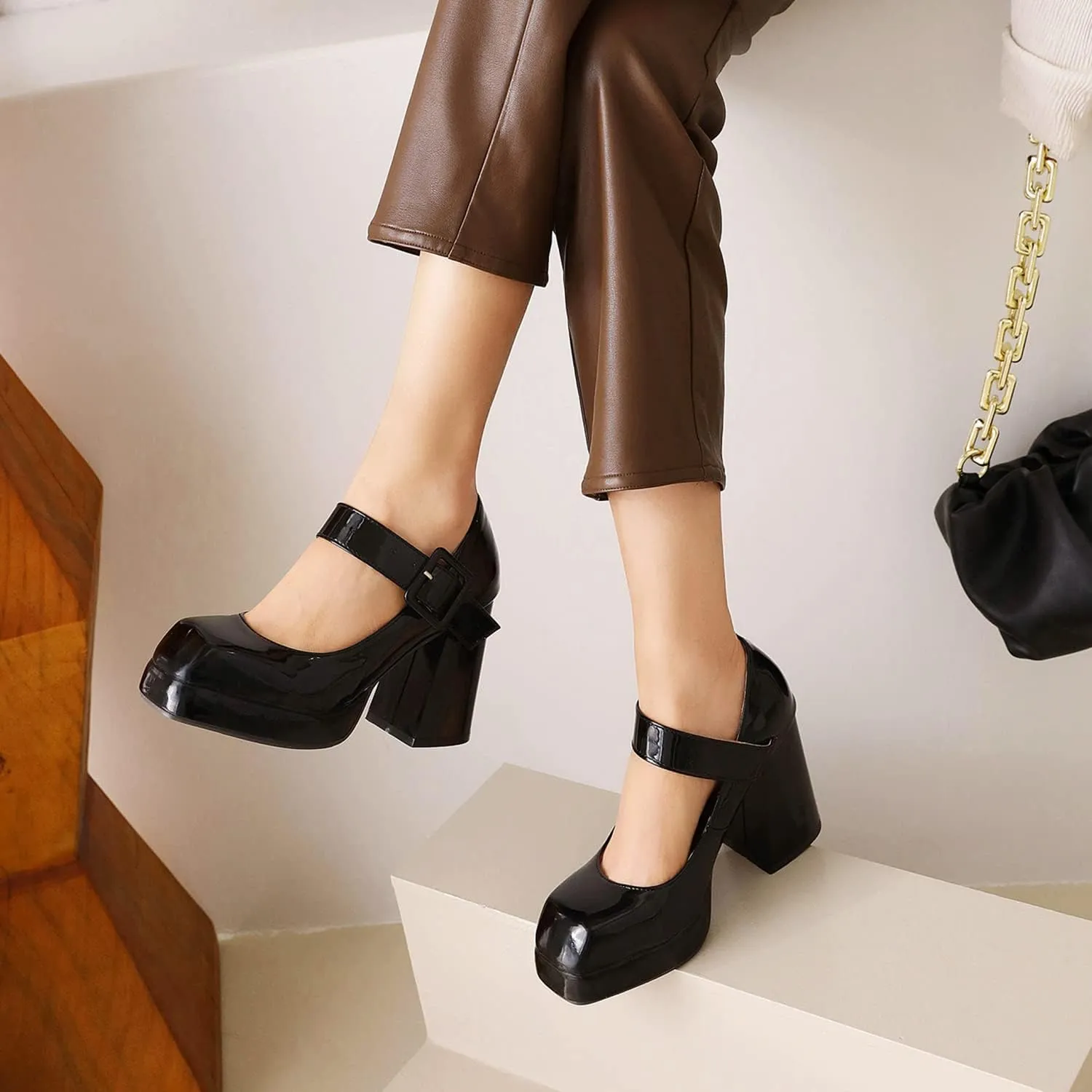 MOOMMO Women Classic Platform Mary Jane Heels Square Toe Chunky High Heel Mary Jane Shoes Ankle Strap Dress Lolita Pumps 4 Inch Block Heel Buckle Strap Sandals Party Casual Wedding Shoes 4-15 M US