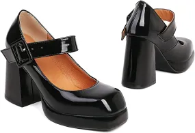 MOOMMO Women Classic Platform Mary Jane Heels Square Toe Chunky High Heel Mary Jane Shoes Ankle Strap Dress Lolita Pumps 4 Inch Block Heel Buckle Strap Sandals Party Casual Wedding Shoes 4-15 M US
