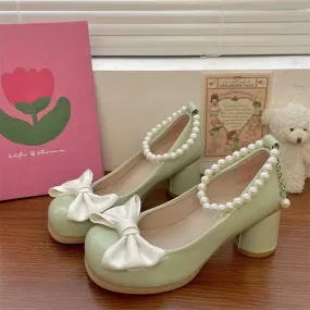 MQTIME  -  Autumn Fairy Sweet Medium Heels Shoes Women Korean Style Bow Elegant Mary Janes Shoes Ladies Beaded Solid Casual Sandals 2024